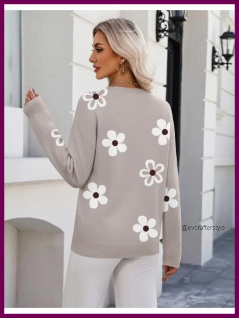 Long Sleeve Crew Neck Pullover Sweater with Contrast Collar Floral Knit